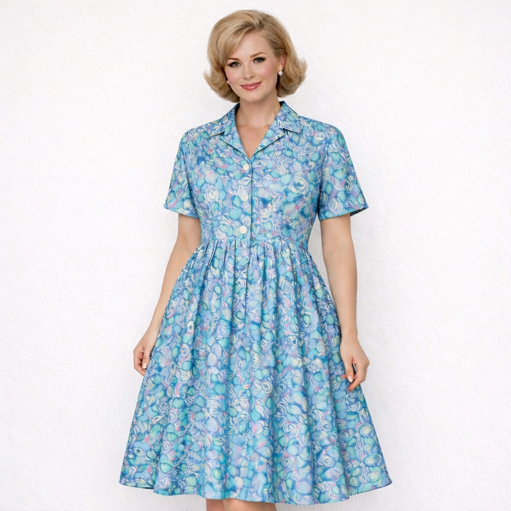 1960s Vintage 38" Bust Mode O Day House Dress Turquoise Blue Pleat Floral #19
